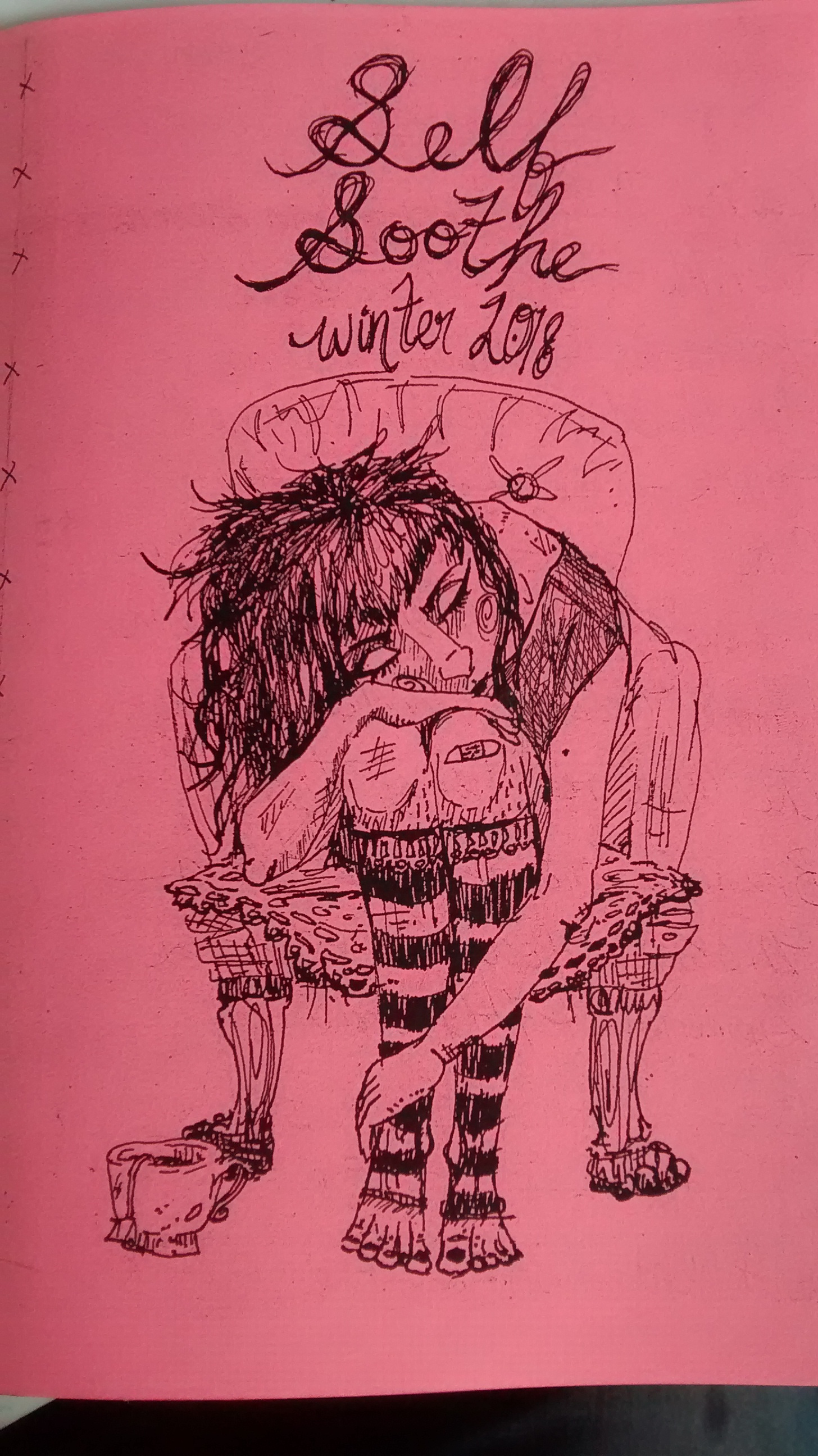 Pen and ink illusratrtion of a person slouching in a chair, arm resting on knees, cheek resting on arm. Above, handwritten, is the title, Self Soothe, Winter 2018