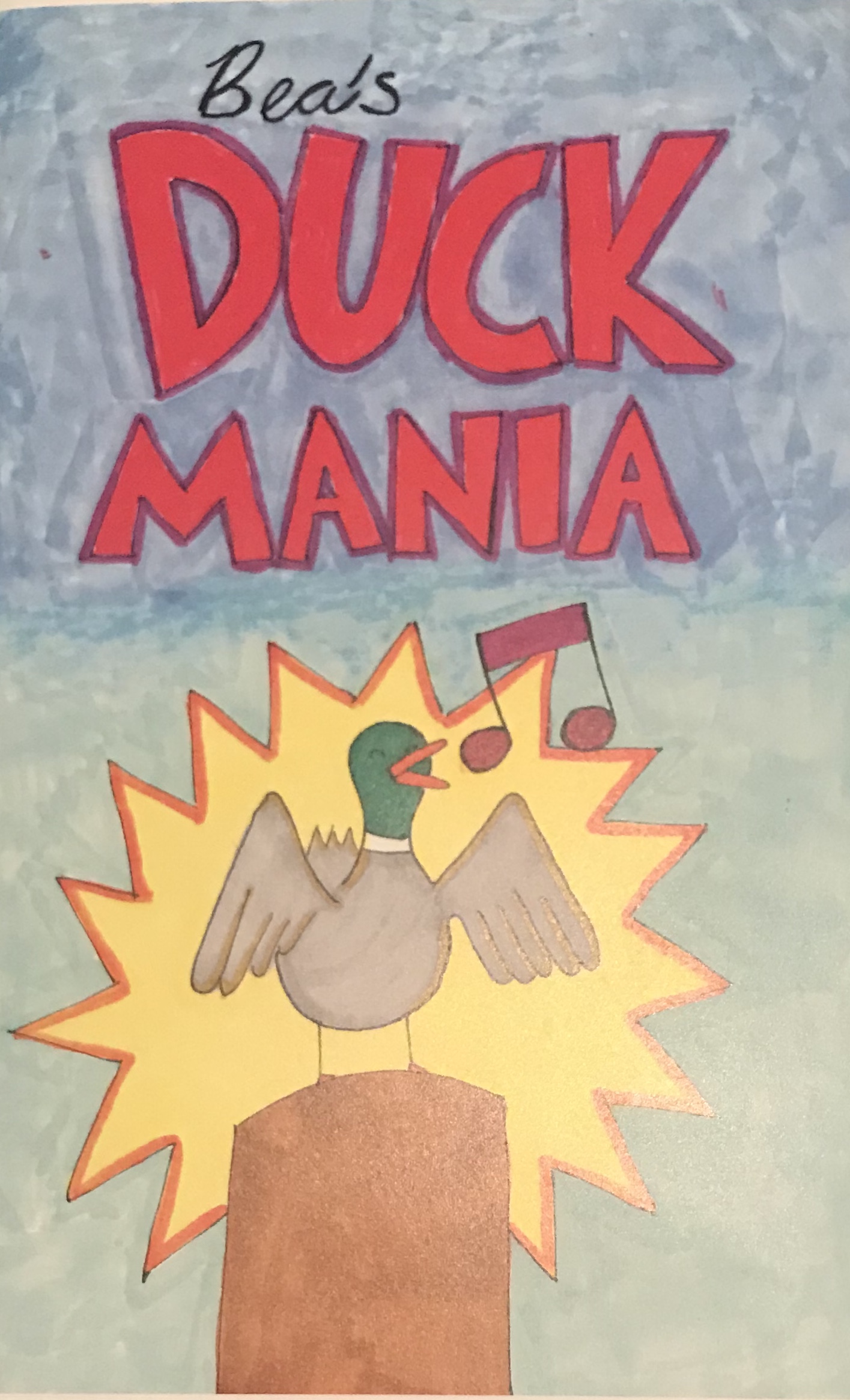 Cartoon illustration of a male mallard duck in a fence post with music notes indicating that he is singing or quacking. 