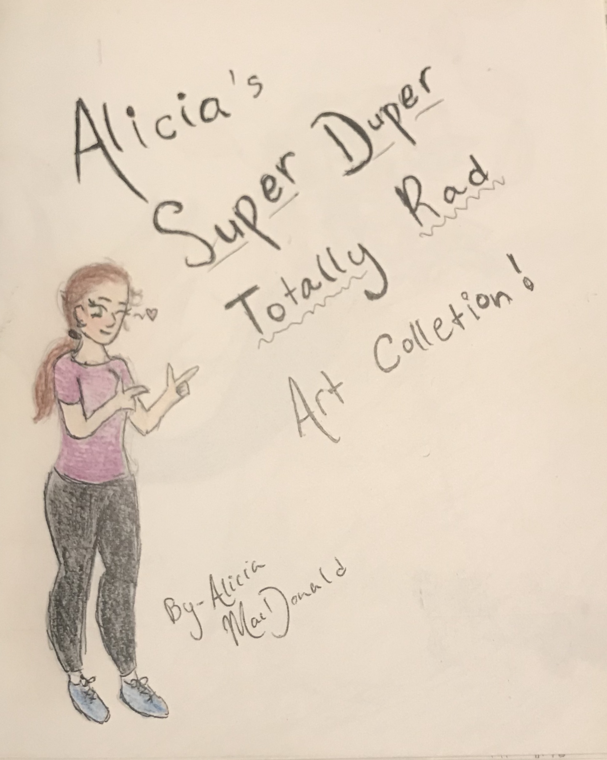 A person with a brunette ponytail and purple shirt makes finger guns at the title of the zine. 