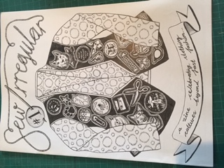 an illustration of a printed shirt and a vest with hand sewn patches and the words 'sew irregular #1' made from thread