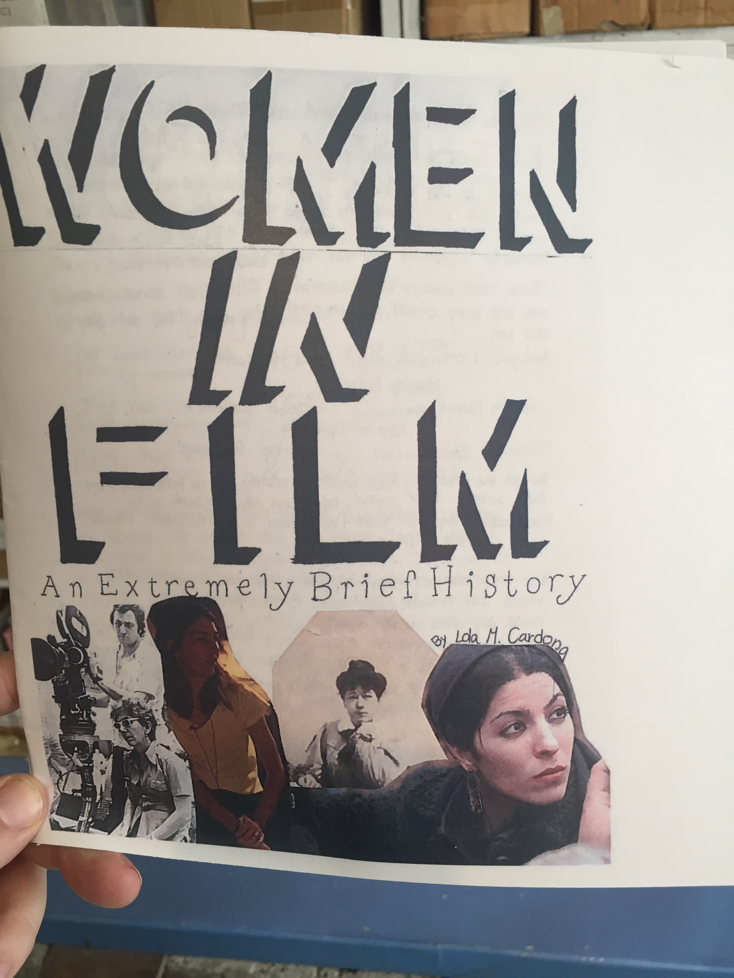 a zine with collaged images of female filmmakers and the words 'women in film: an extremely brief history' by Lola M. Cardona