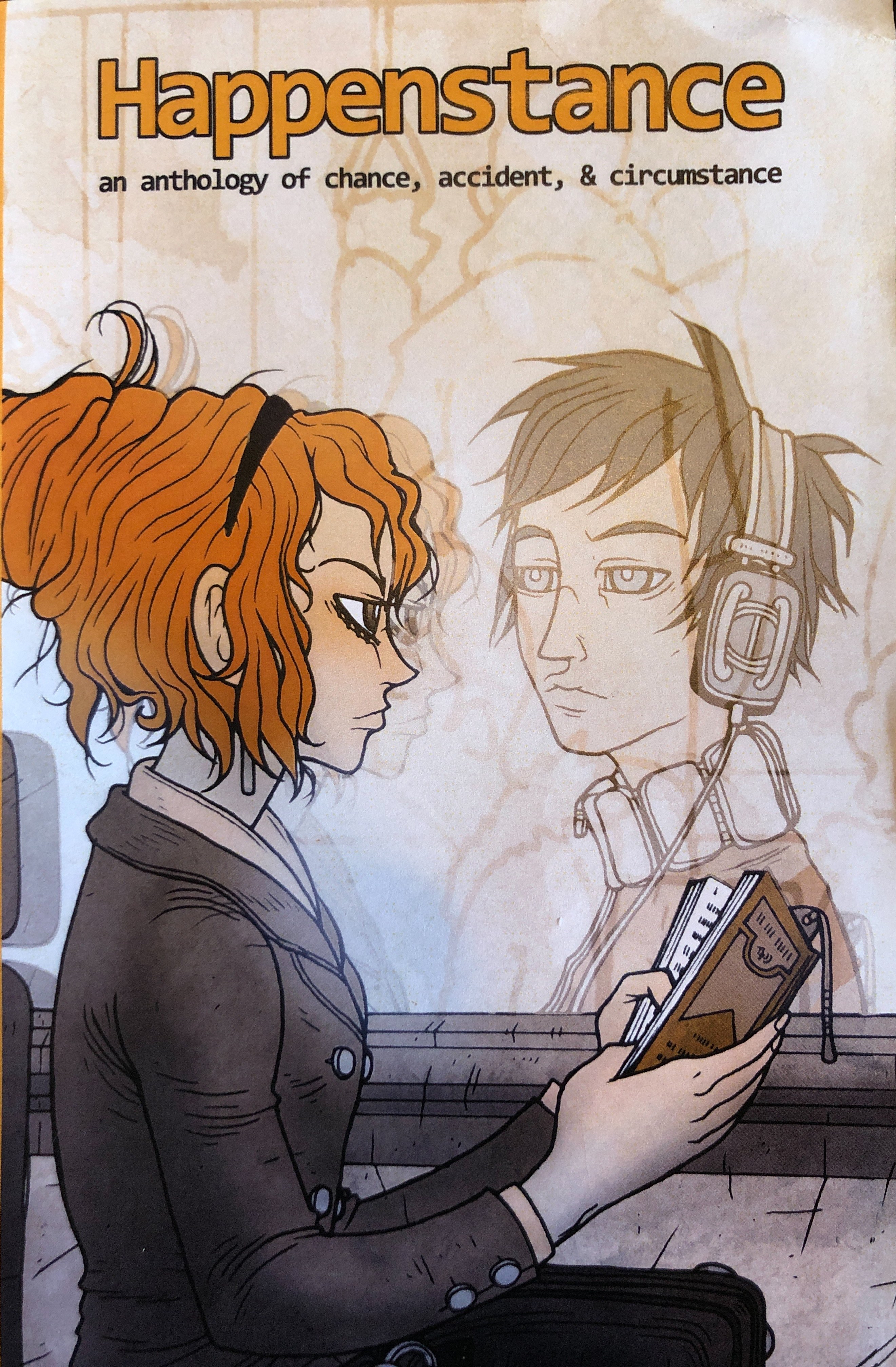 Coloured illustration of a girl in a bus looking at a reflection of a man through her window.