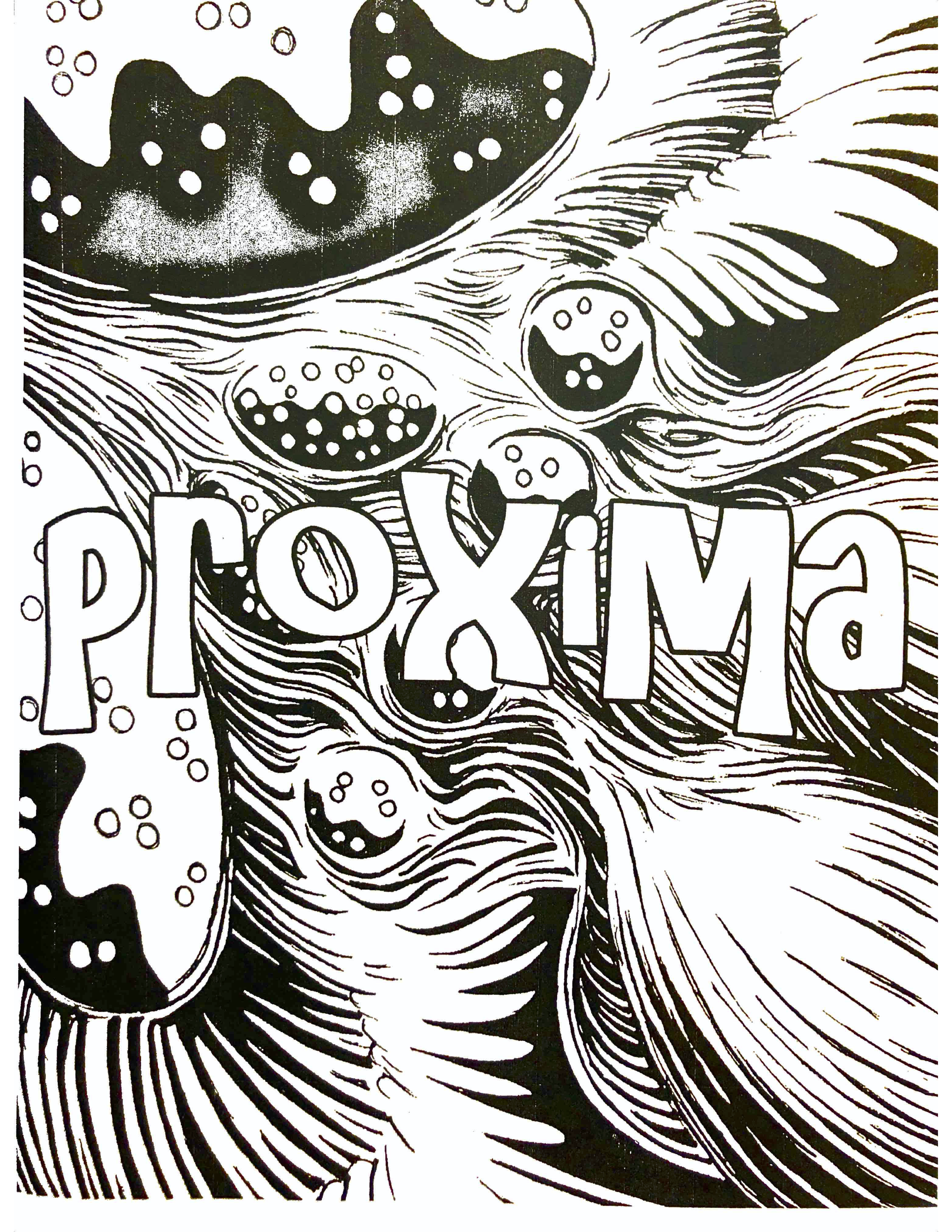 Black and white illustration with title "proxima" in centre.