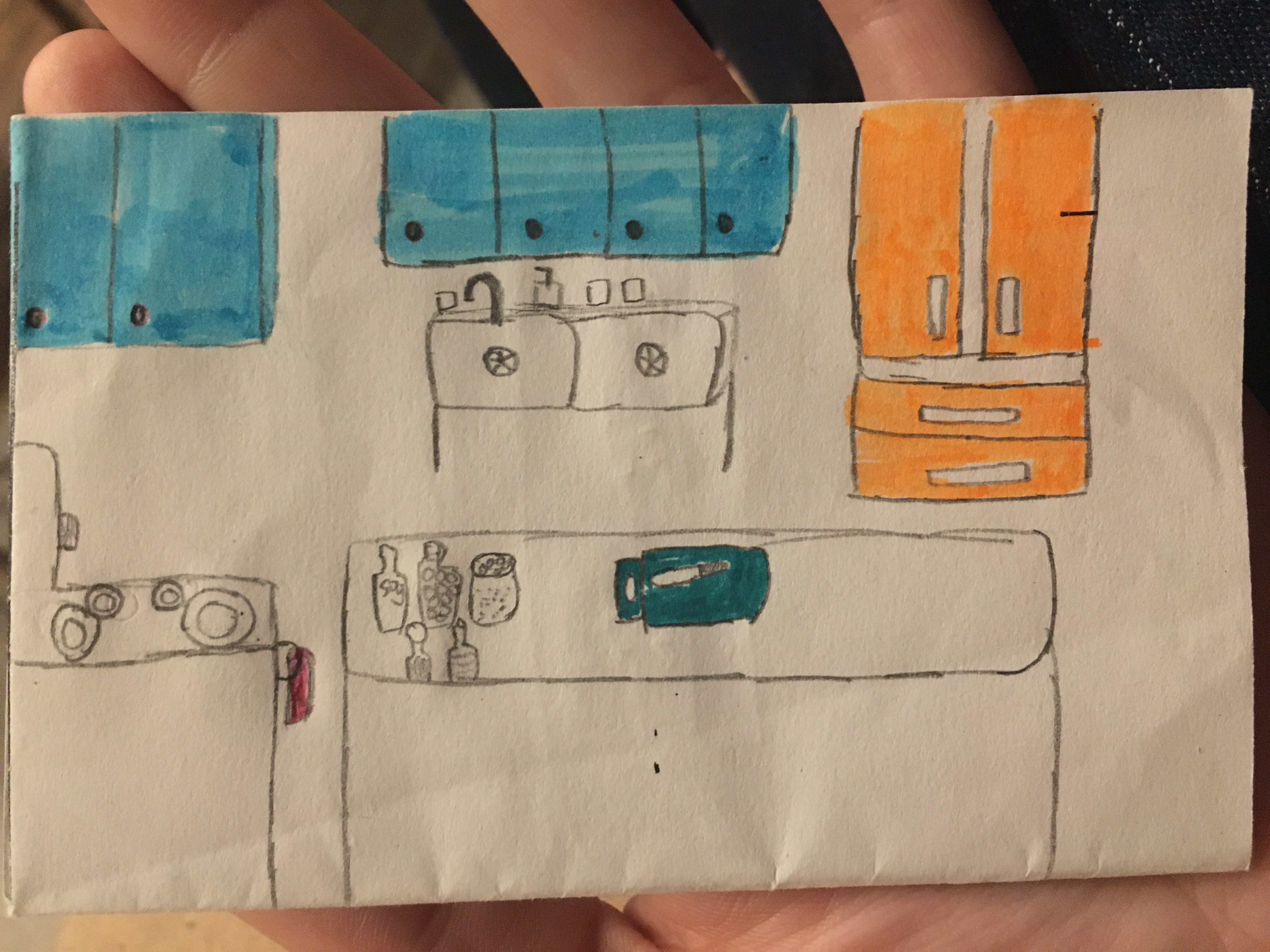 Pencil illustration of a kitchen with blue and orange cupboards, a stove, a sink, and an island with spices and a knife on it.