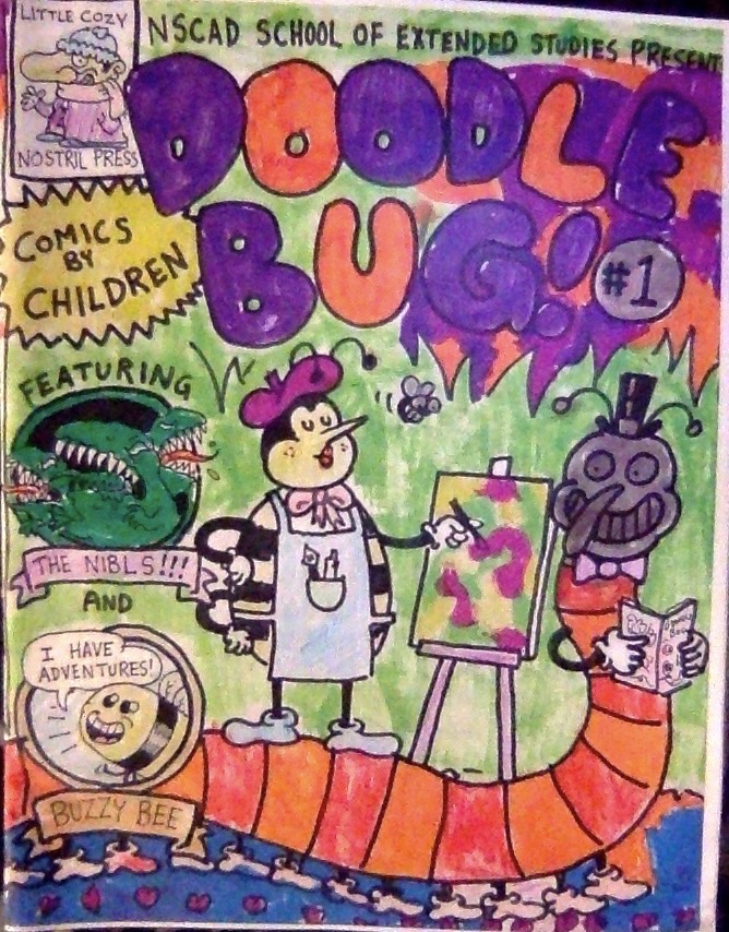 Full-colour illustration of a bee painting a canvas and a caterpillar reading a zine.