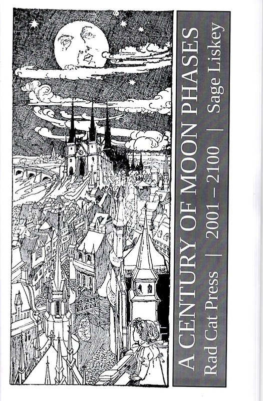 The cover has a black and white illustration.  There is a moon with a face and clouds in the sky.  The foreground has a city scape and a person on a balcony looking out.  The title of the zine and author are written vertically on the right side of the cover.