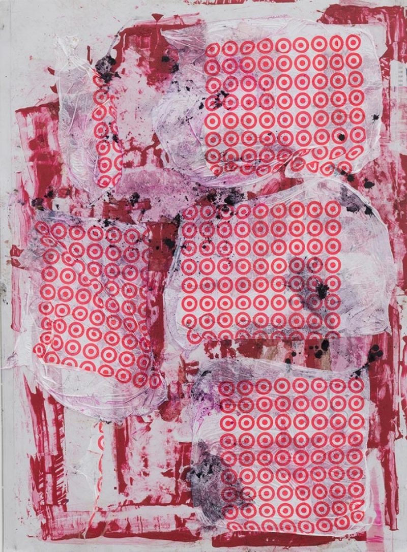 Art instalment of red paint and plastic Target bags