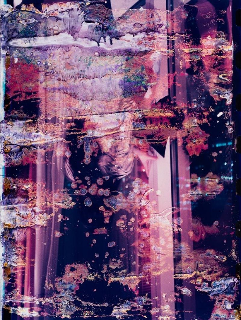 Abstract mixed media art piece with purple refractions on window, titled "Montreal Snow"