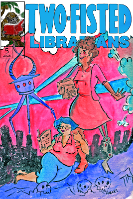 Two librarians (one with a robotic leg) sitting atop a hill of skulls reading books, bathed in red and blue colours, with a giant robot in the background.