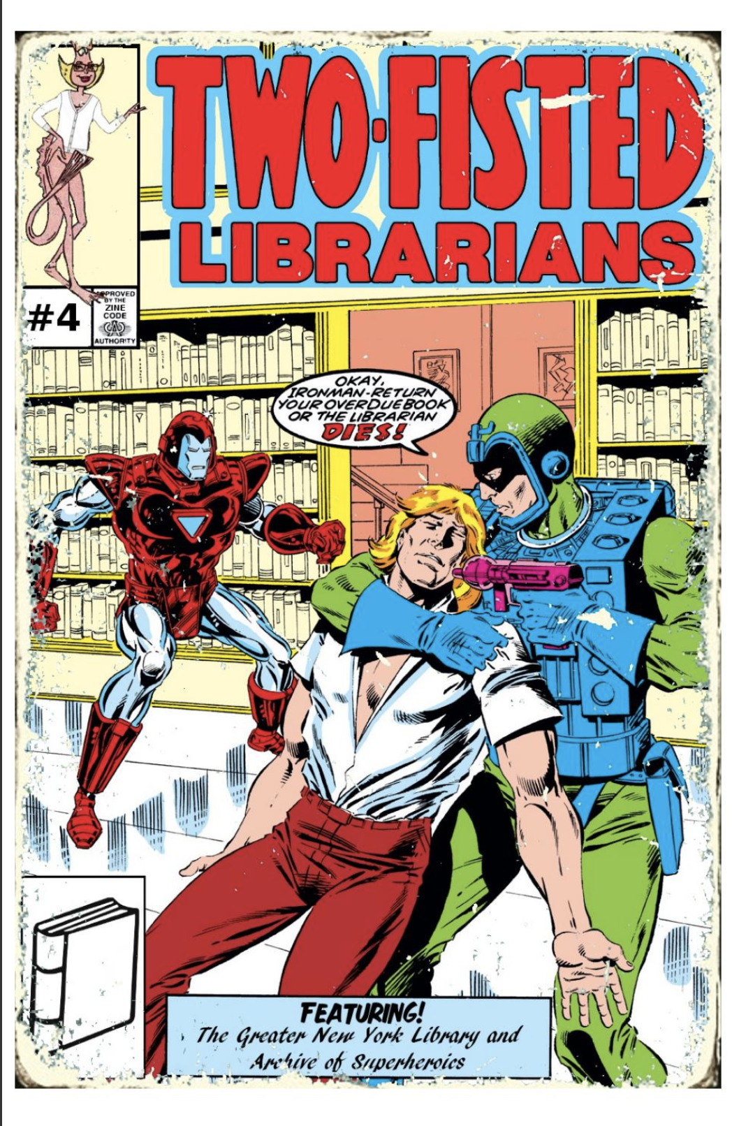 A page of a vintage Marvel comic book with Ironman facing off a green and blue suited supervillain holding a gun to a hostage, saying "Okay, Ironman - return your overdue book or the librarian dies!"