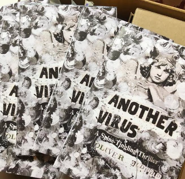 A pattern of black & white painted swirls overlap an image of a classical angel sculpture