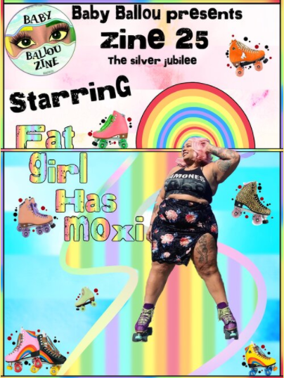 A fat black woman with pink hair poses in rollerskates in front of a rainbow background with colourful skates floating around her