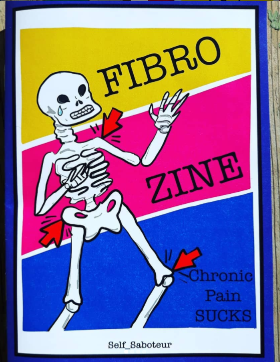 A yellow, pink, and blue colour blocked background featuring an illustration of a skeleton, one tear falling from its eye socket, and three red arrows pointing to areas of pain.