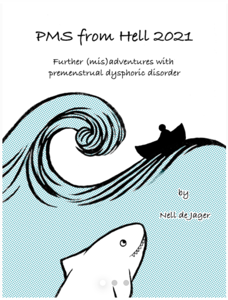 A blue dotted illustration of a curling wave with a silhouette of a person in a small boat floating on it, and a shark with pointed teeth watching from the water