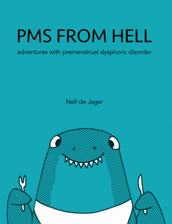 A blue background with an illustration of a shark in a bib, holding a knife and fork, smiling with pointed teeth