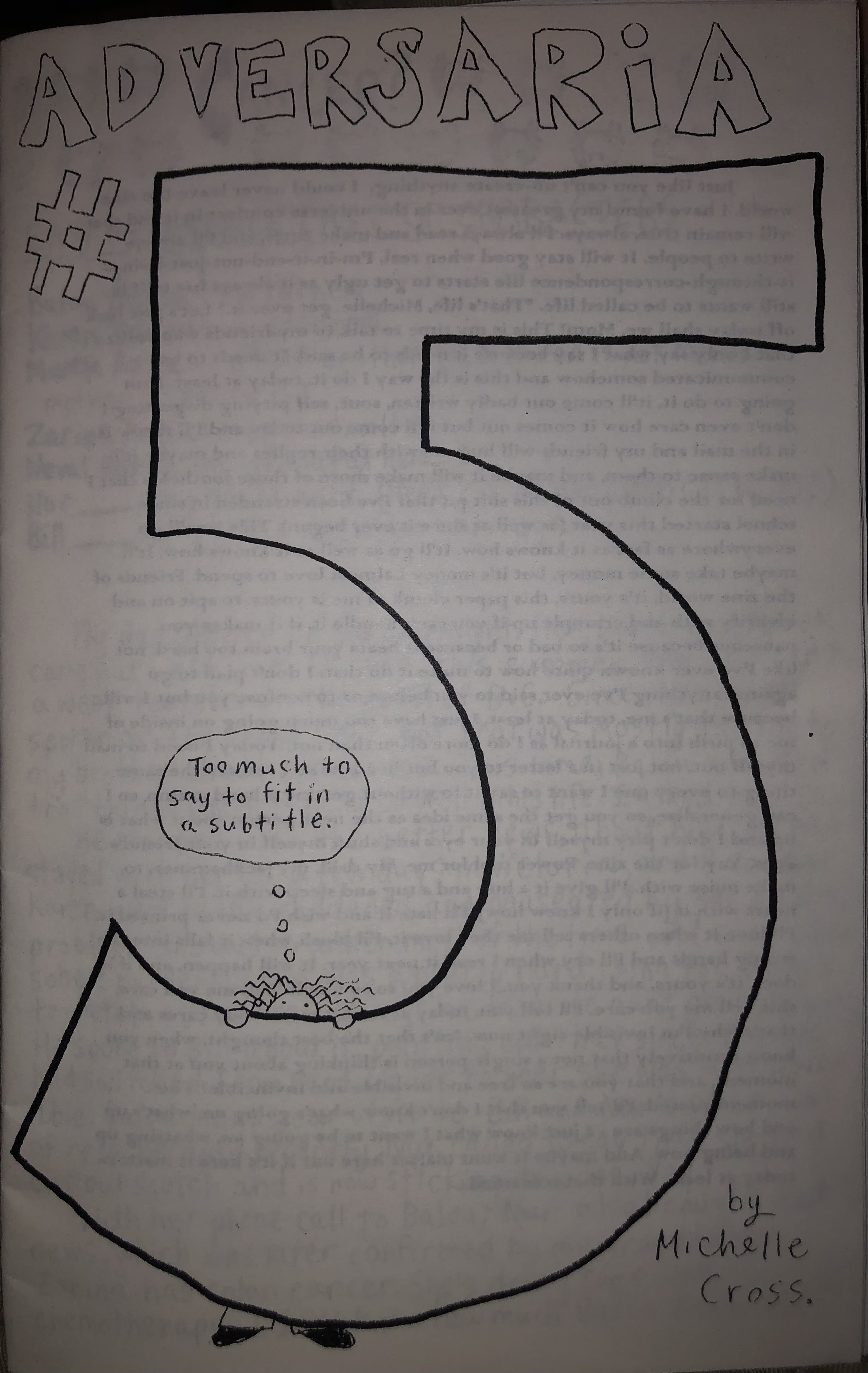 "Adversaria #5" little person hiding behind big number five with thought bubble that says "too much to say to fit in a subtitle"