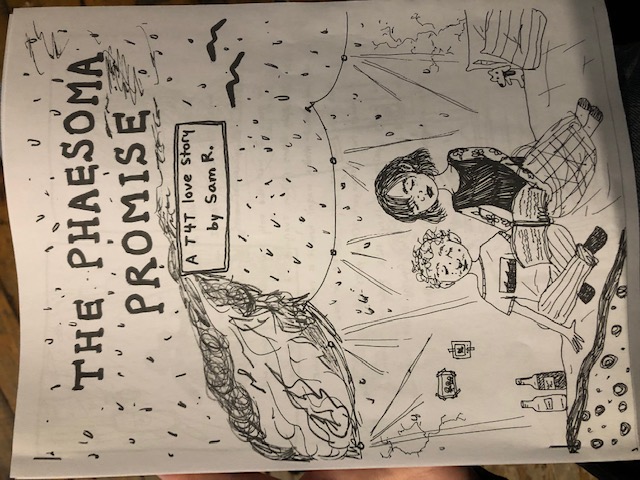 text reads "The Phaesoma Promise A T4T love story by Sam R.". The cover is a black and white sketch of two people sitting on a bed, looking at a text together.