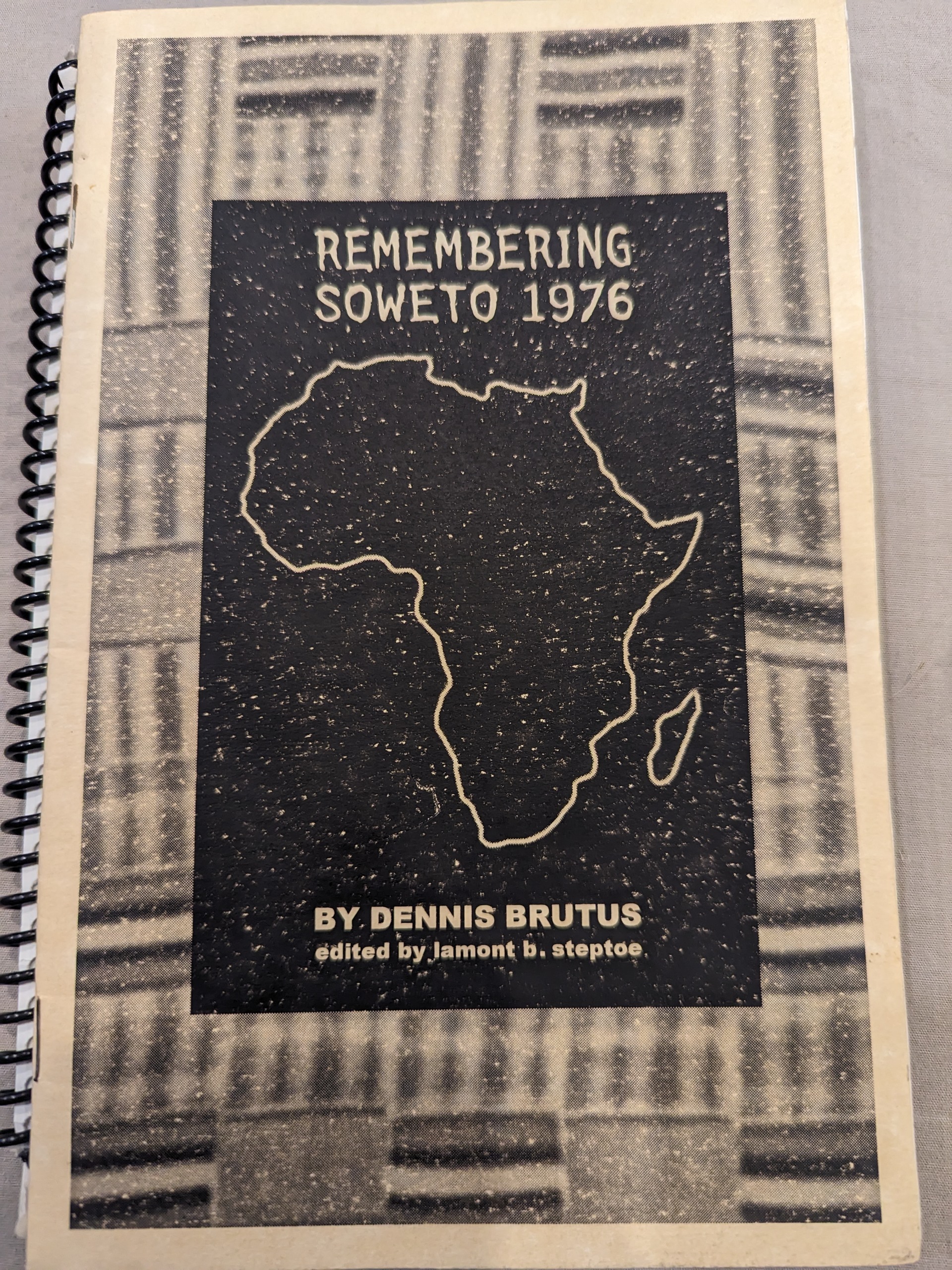 A Manila Brown half-page zine with a Shuka blanket background with a black square on top of the background in the centre. In the black square it says the title, the author and editor, and a outline map of the African Continent.