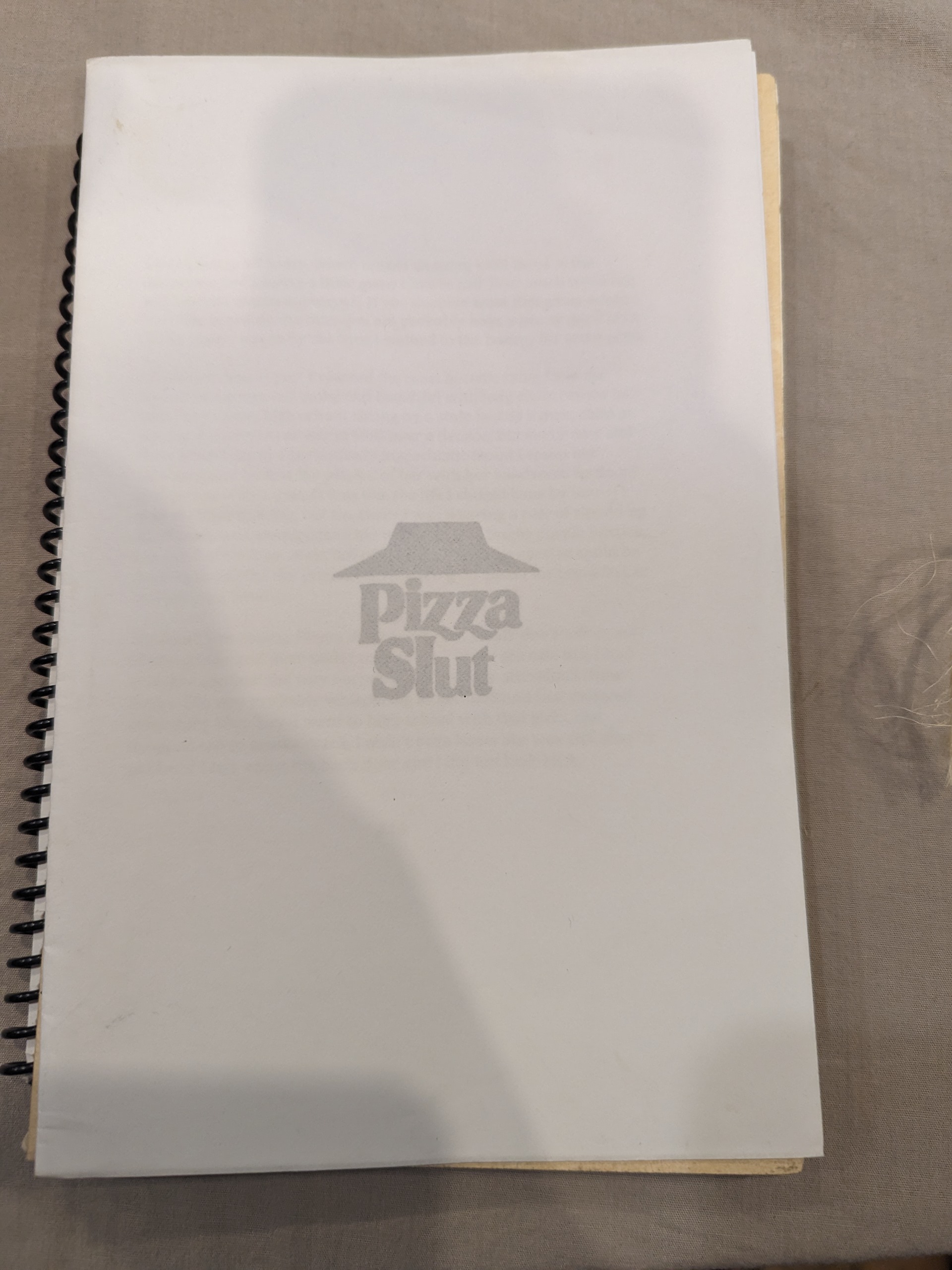 The Pizza hut logo is small and in the front centre of the cover, in a light gray. The "hut" in Pizza Hut is changed to slut