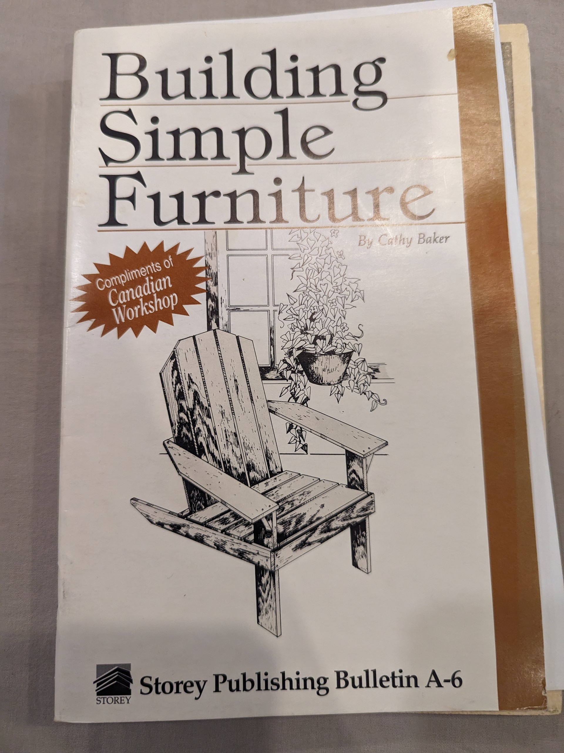 The title is in big block lettering and takes up the top half of the page. The bottom half of the page has a wooden muskoka lounge chair