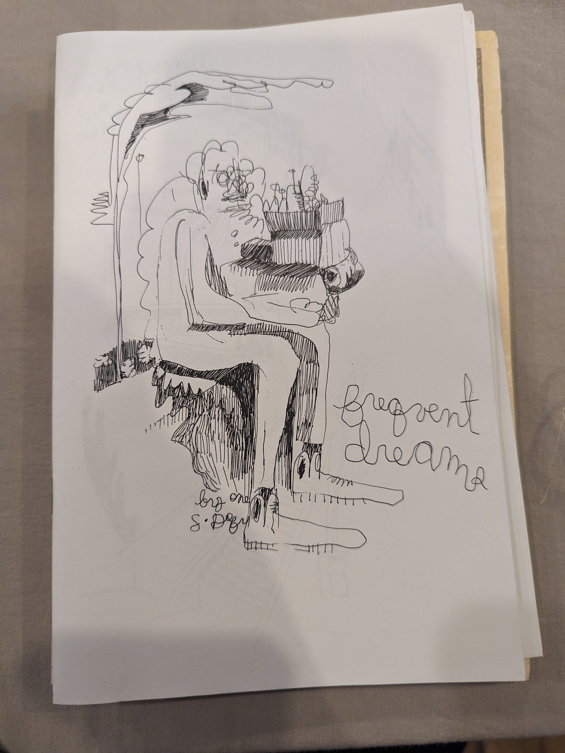 A very abstractsketch of a person sitting on the side of a flowerbed. The title of Frequent Dreams is in cursive