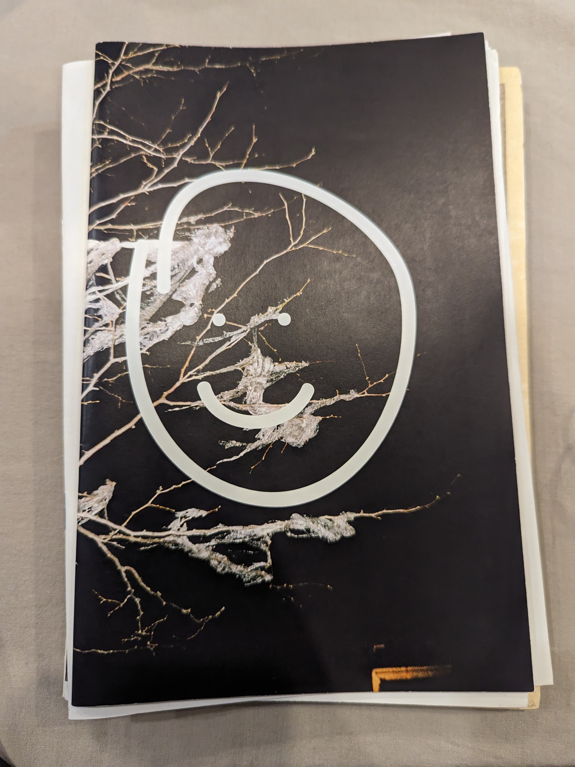 A happy face is drawn in white on the black cover on this ZIne