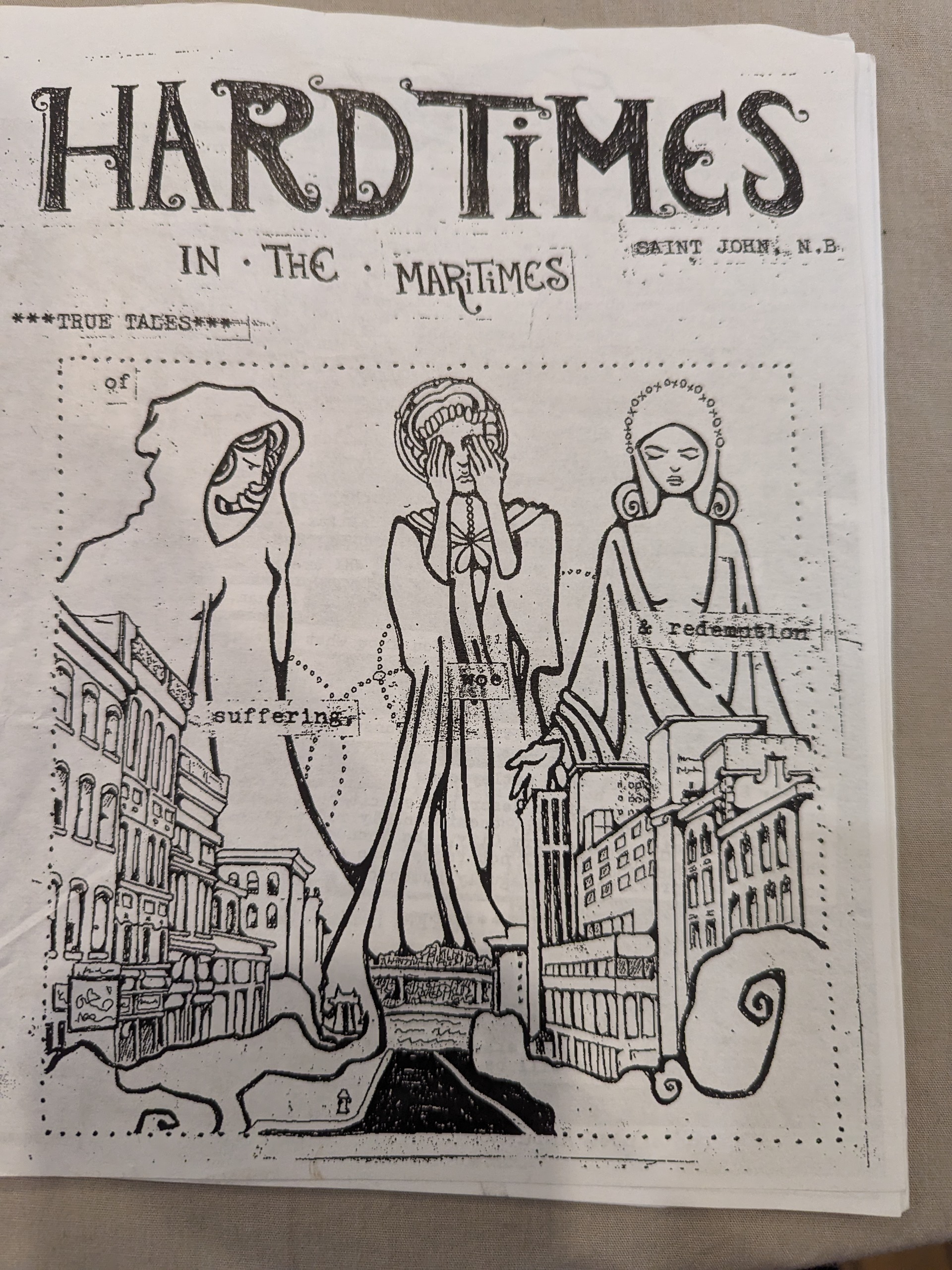 Three women named Suffering, Woe, and Redemption looking over the city of Saint John NB