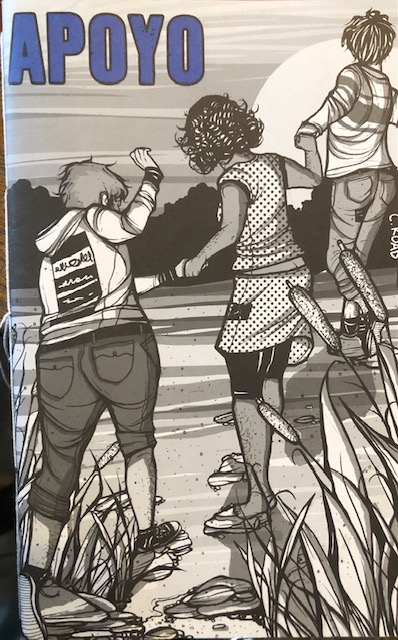 Black and white graphic of three people holding hands and crossing a river on stepping stones. Title is in blue letters in the top left corner.