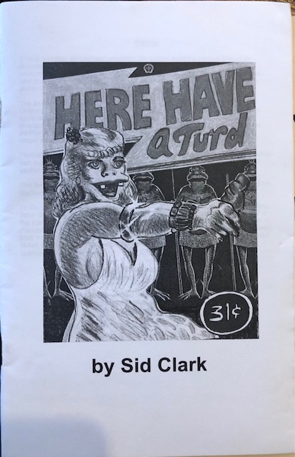 A black and white sketch of a reptilian-humanoid extending a turd to a person out of frame. Frogs stand guard in the background.